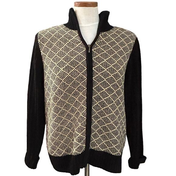 Vintage Karen Scott Velour Zip Sweater M Geometric Pattern Y2K Cozy Mock Neck - Picture 2 of 7